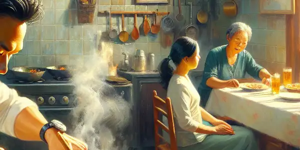 A chef prepares vibrant fried rice in a warm kitchen, while a family eagerly awaits dinner at the table.