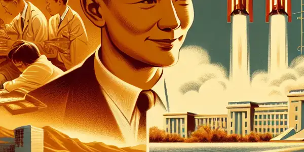 Cinematic poster depicting Qian Xuesen's journey from American universities to patriotic return in China, blending science and national pride.