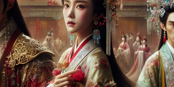 A dramatic scene in a Ming Dynasty courtyard featuring Ximen Qing, Pan Jinlian, and Li Ping'er in traditional costumes.