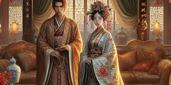 A lavish Ming Dynasty room featuring Ximen Qing and Pan Jinlian, highlighting themes of romance and societal tension.