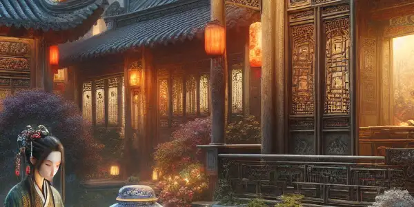 A contemplative figure in Ming dynasty attire gazes at a porcelain vase in a serene, lantern-lit Chinese courtyard.