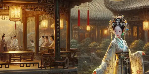 A beautiful woman in Hanfu attire stands in an elegant ancient Chinese courtyard with lush greenery and traditional architecture.