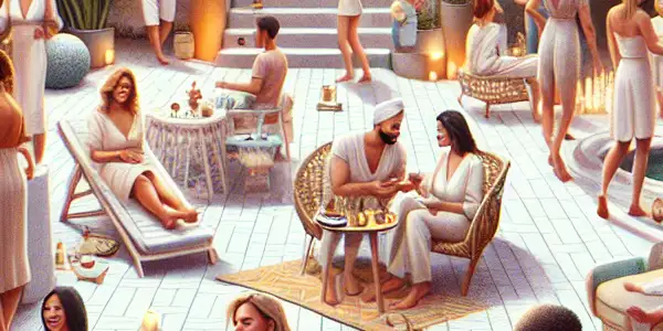 A vibrant outdoor garden party with adults enjoying games, cocktails, and a relaxing spa corner.