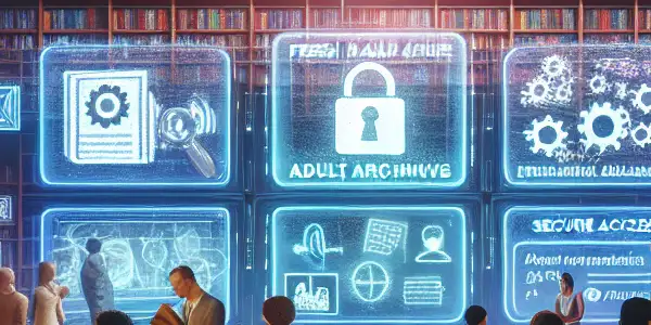 A modern library scene featuring diverse individuals engaging with holographic screens displaying adult educational resources in a vibrant atmosphere.