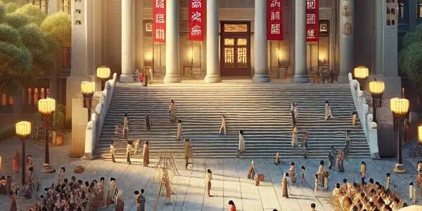 A vibrant Beijing Film Academy scene showcasing students engaged in filmmaking amidst a blend of traditional and modern architecture.