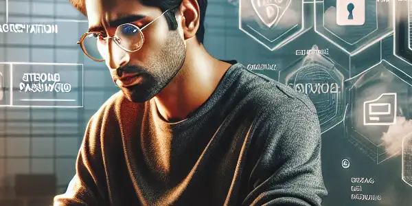 A person at a desk securely uploading private content, surrounded by symbols of digital security and privacy.