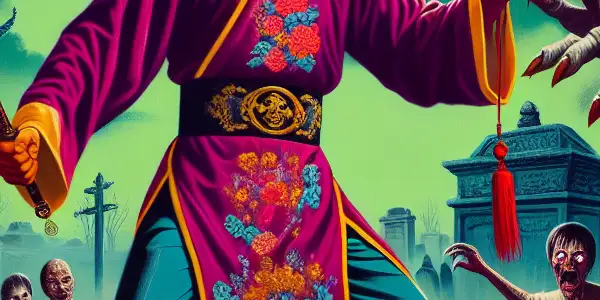 Lam Ching-ying in Taoist robes battles cartoonish zombies amid foggy tombs under a ghostly moonlit sky.