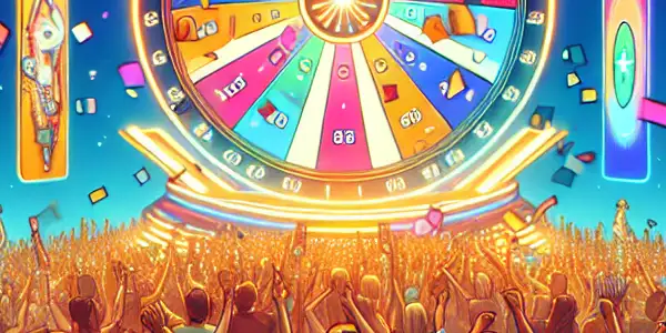 A lively adult prize draw event with diverse participants, colorful banners, a glowing prize wheel, and falling confetti.