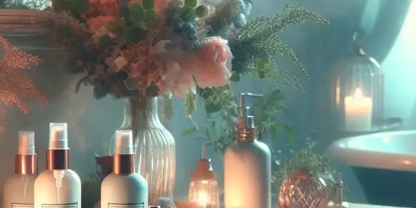 A serene bathroom scene with elegant vanity products, soft lighting, and natural elements promoting tranquility and self-care.