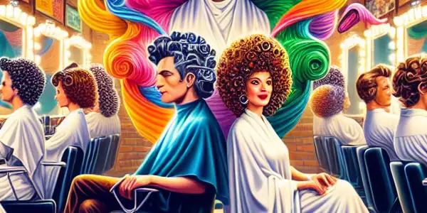A vibrant retro hair salon scene featuring diverse characters with iconic movie-inspired hairstyles and joyful expressions.