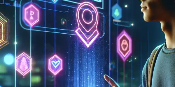 A futuristic digital rewards system featuring a joyful character interacting with a vibrant leaderboard and floating reward icons.