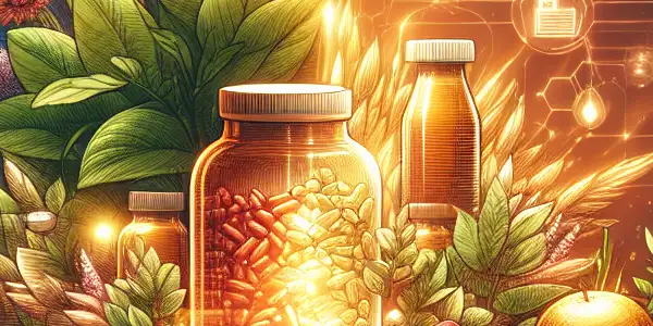 A serene setting featuring natural supplements, healthy foods, and an open book on adult enhancement and well-being.