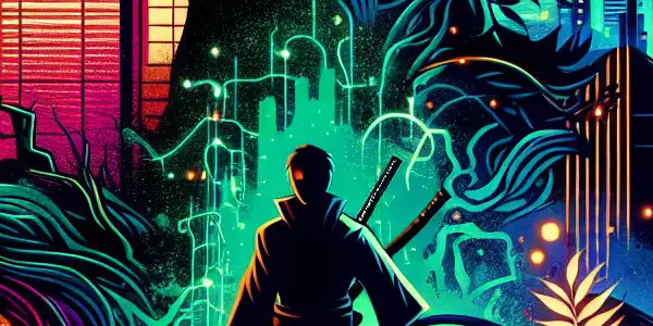 A dynamic scene featuring characters in a neon cityscape and enchanted forest, embodying themes of action and mystery.