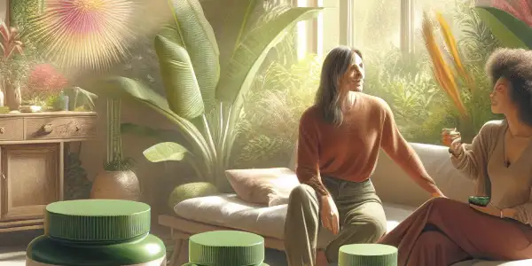 A warm, inviting room with diverse individuals discussing health, surrounded by plants and wellness supplements.