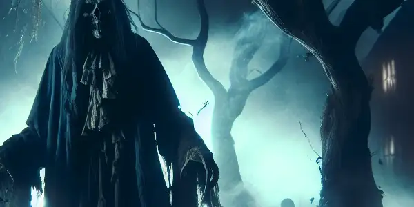 A ghostly figure in traditional attire haunts a dark, misty forest near a shadowy ancestral home.