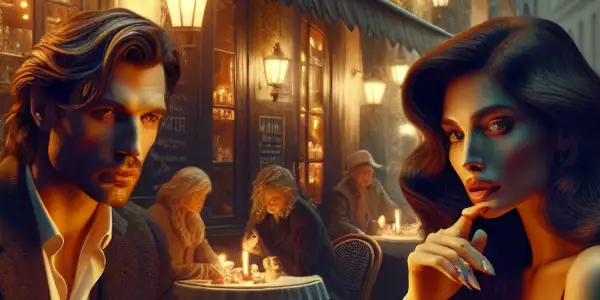 A romantic evening scene in Madrid featuring a contemplative woman and an intense man at a café.