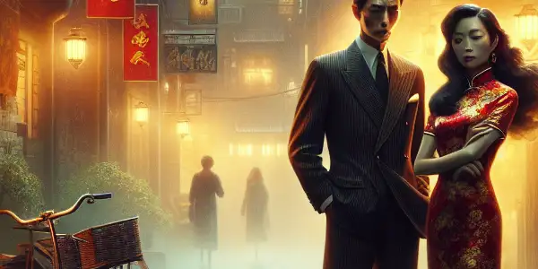 A romantic 1960s Hong Kong alley scene featuring a man and woman in traditional qipaos, reflecting longing and desire.