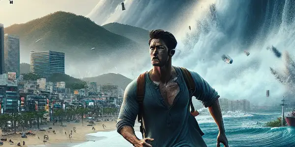 A dramatic scene of a heroic couple facing an impending tsunami in Haeundae, Busan, amidst chaos and tension.