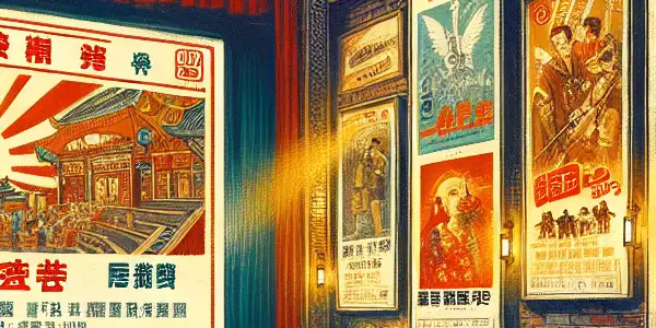 A vibrant 1980s cinema hall filled with excited audience members and nostalgic movie posters.