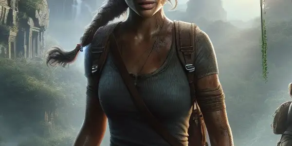 Two versions of Lara Croft explore ancient ruins and dense jungle, showcasing adventure and mystery.