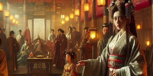 A tense power struggle in a lavish Joseon Dynasty court, featuring a cunning minister, distracted king, and an alluring woman.