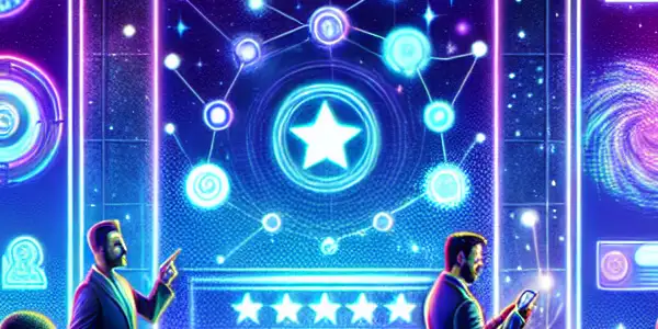 A vibrant, futuristic lounge scene with diverse people engaging in interactive tasks related to point accumulation and rewards.