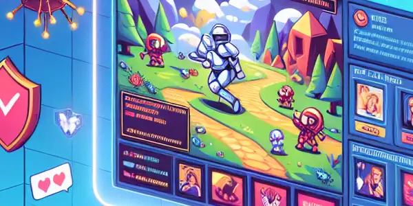 A vibrant digital gaming interface highlighting safety and cybersecurity for adult gamers.