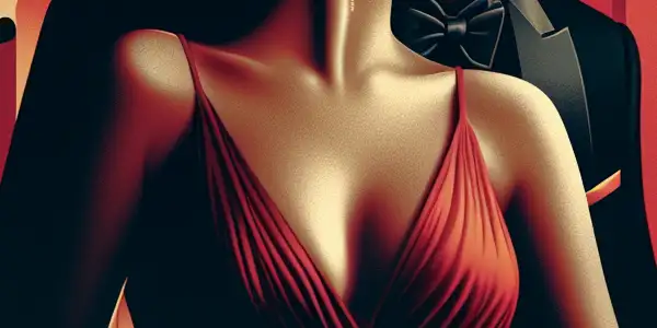 A stylish couple gazes deeply in a luxurious, intimate setting, evoking themes of love and desire.