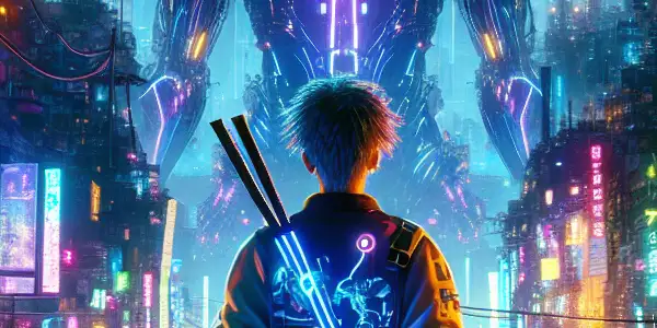 A contemplative character in a cyberpunk outfit stands in a futuristic city with neon lights and towering skyscrapers.