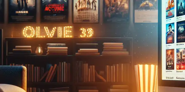 A cozy home theater scene featuring a modern computer screen displaying vibrant movie posters and a comfortable sofa with popcorn.