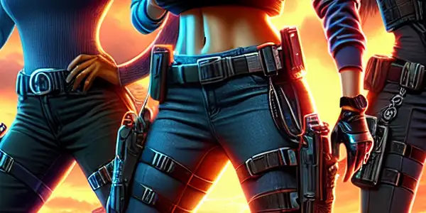 Three diverse female protagonists in tactical gear stand confidently in a dramatic urban sunset, ready for action.