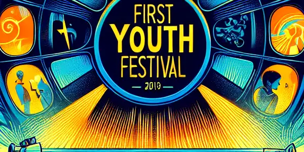 A vibrant poster for the FIRST Youth Film Festival featuring film reels, young filmmakers, and symbols of creativity and achievement.