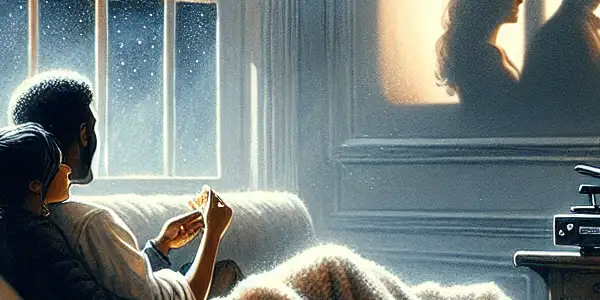 A cozy living room scene with a couple enjoying a romantic movie, popcorn, and a starlit night outside.