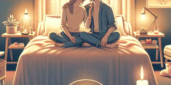 A cozy bedroom scene featuring a couple enjoying intimacy, surrounded by wellness items and soft, warm lighting.