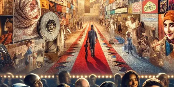 A diverse group discussing films at a cinema, surrounded by iconic movie elements and a vibrant film festival atmosphere.