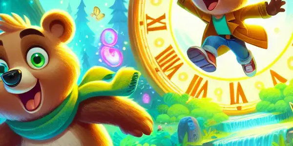Two bear brothers and their friend embark on a whimsical adventure in a colorful, magical forest filled with time travel elements.