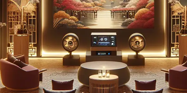 A cozy, elegant home theater setting for enjoying Japanese AV movies, emphasizing safety and intimacy.