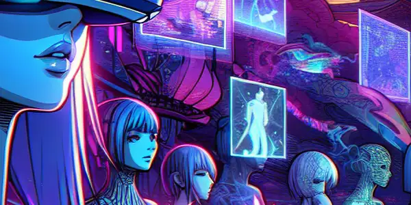 A futuristic digital landscape featuring diverse avatars interacting with holographic adult content in a vibrant cyberpunk environment.