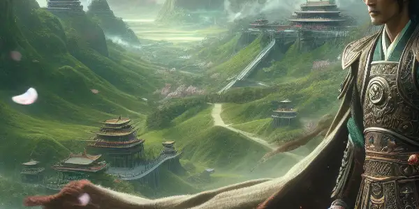 A dashing warrior in traditional Han attire stands in a vibrant ancient landscape, ready for adventure amidst cherry blossoms and intrigue.