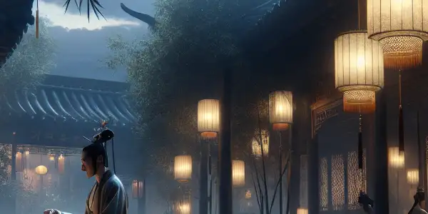 A romantic scene in a traditional Chinese courtyard at dusk, featuring two elegantly dressed figures in intimate conversation.