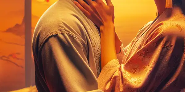 A couple in a tender embrace in a cozy, softly lit room, surrounded by cherry blossoms and lanterns, exploring pre-marital intimacy.