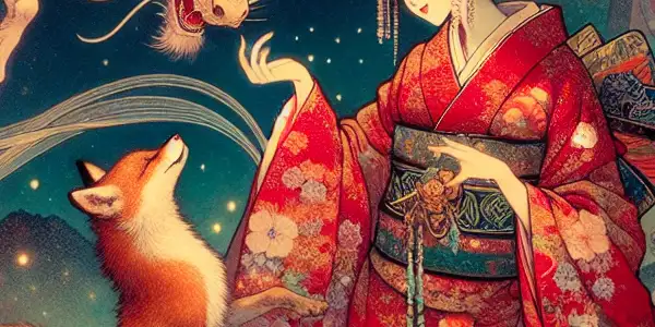 A mythical creature interacts intimately with a human figure in a lush, enchanting Japanese landscape.