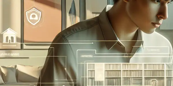 A cozy modern home office with a focused individual browsing safely on a laptop amidst stylish decor.