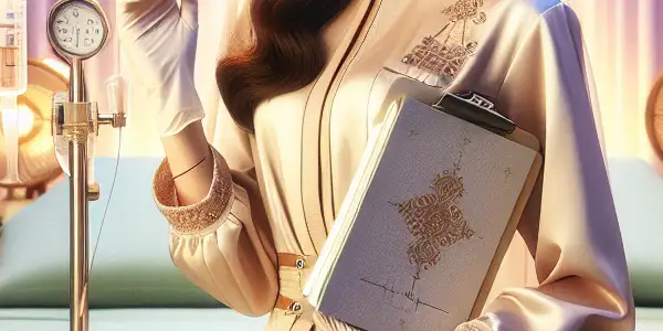 A confident nurse in a modern hospital room, blending professionalism with playful allure amidst soft, ambient lighting.