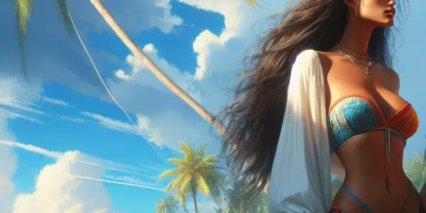 A romantic scene on a tropical beach with a couple, turquoise waters, palm trees, and hints of adventure.