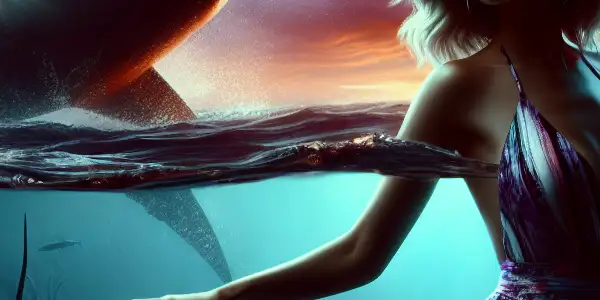 A captivating scene of a confident woman interacting with a looming shark under a dramatic sunset.