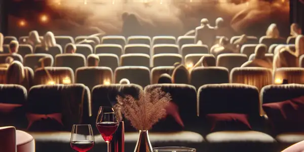 A cozy home theater setting with diverse individuals watching abstract visuals, surrounded by plush seating and soft lighting.