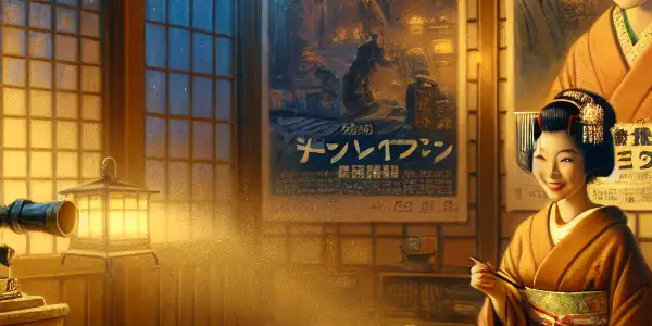 A nostalgic film set featuring a graceful actress in a kimono, traditional decor, and vintage cinema elements.