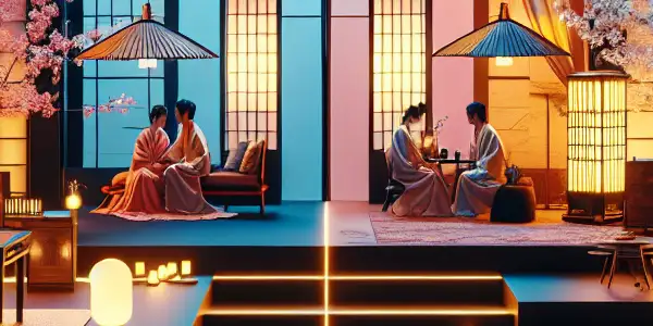 A vibrant film set blending traditional Japanese and contemporary Korean aesthetics, showcasing intimate storytelling and emotional depth.