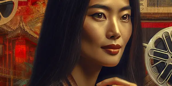 A glamorous woman embodies Japanese adult film culture in a nostalgic, intimate film set with vintage elements.